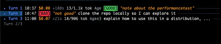aimux trace view with GOOD and BAD annotation labels and notes on individual turns