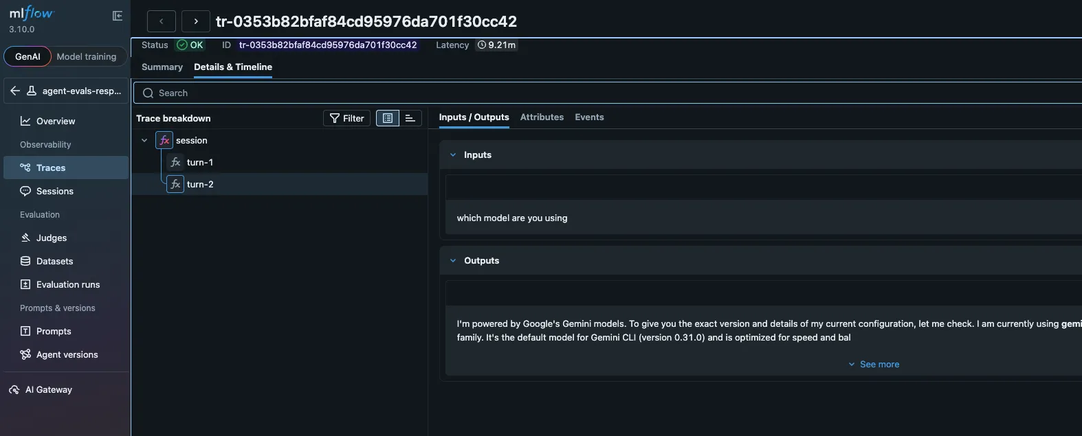MLflow trace view showing an exported aimux session with turn-by-turn inputs and outputs