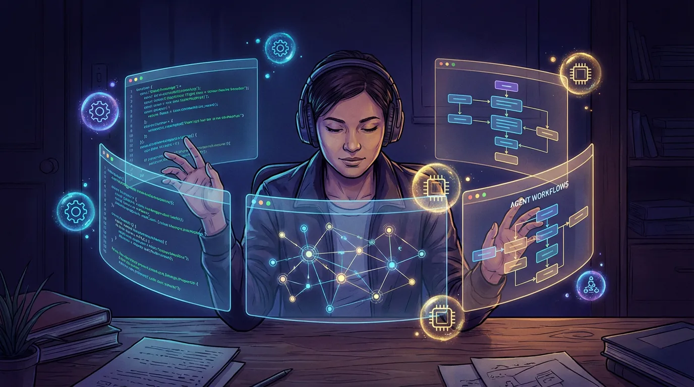 An architect directing multiple AI agent workflows from a single workstation