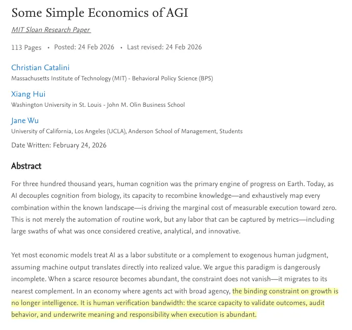 Paper excerpt from "Some Simple Economics of AGI" by Catalini, Hui, and Wu